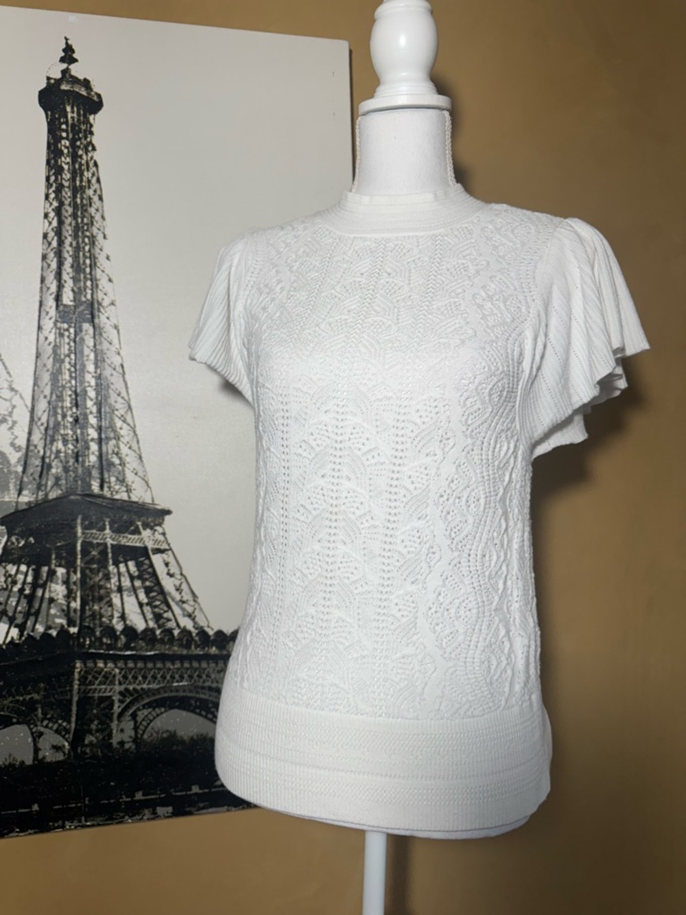 White House Black Market White Pointelle Short-Sleeve Knit Top